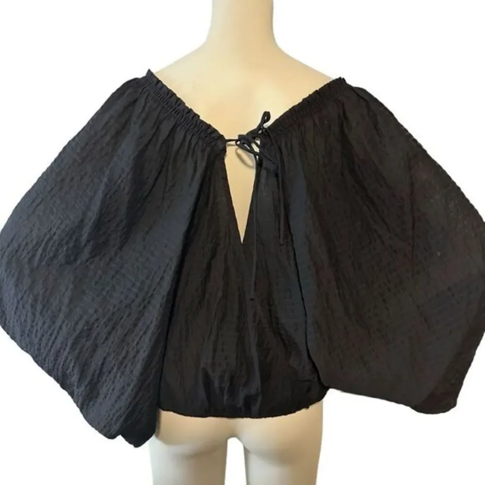 Free People Blouse Black S Womens Off Shoulder Balloon Sleeve Tie Back Oversized